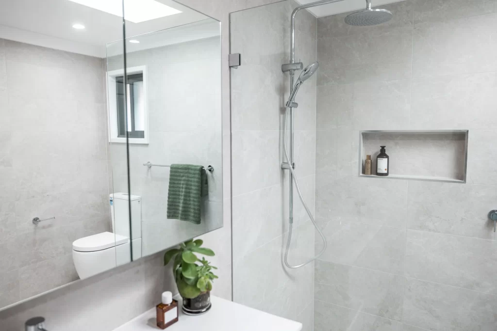 bathroom renovations in sydney- a bathroom with a shower and a plant