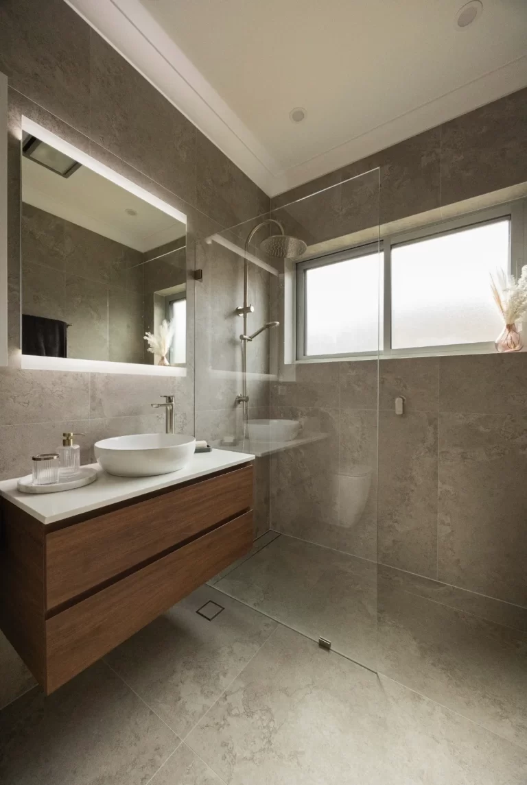 bathroom renovation- a bathroom with a shower and sink
