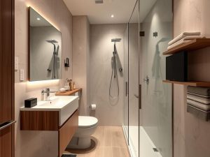 Compact Sydney bathroom with space-saving 2025 design elements including wall-mounted fixtures and hidden storage