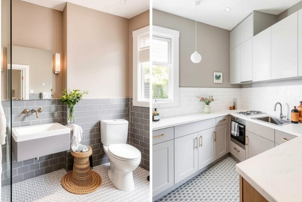 Coordinated design elements between bathroom and kitchen renovation in Sydney home Coordinated design elements between bathroom and kitchen renovation in Sydney home
