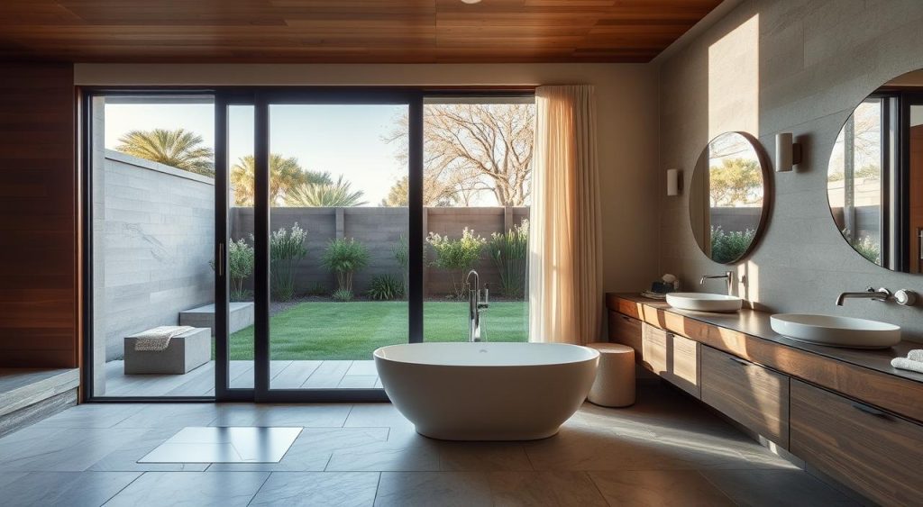 Indoor-outdoor bathroom design for Sydney climate with natural elements Indoor-outdoor bathroom design for Sydney climate with natural elements
