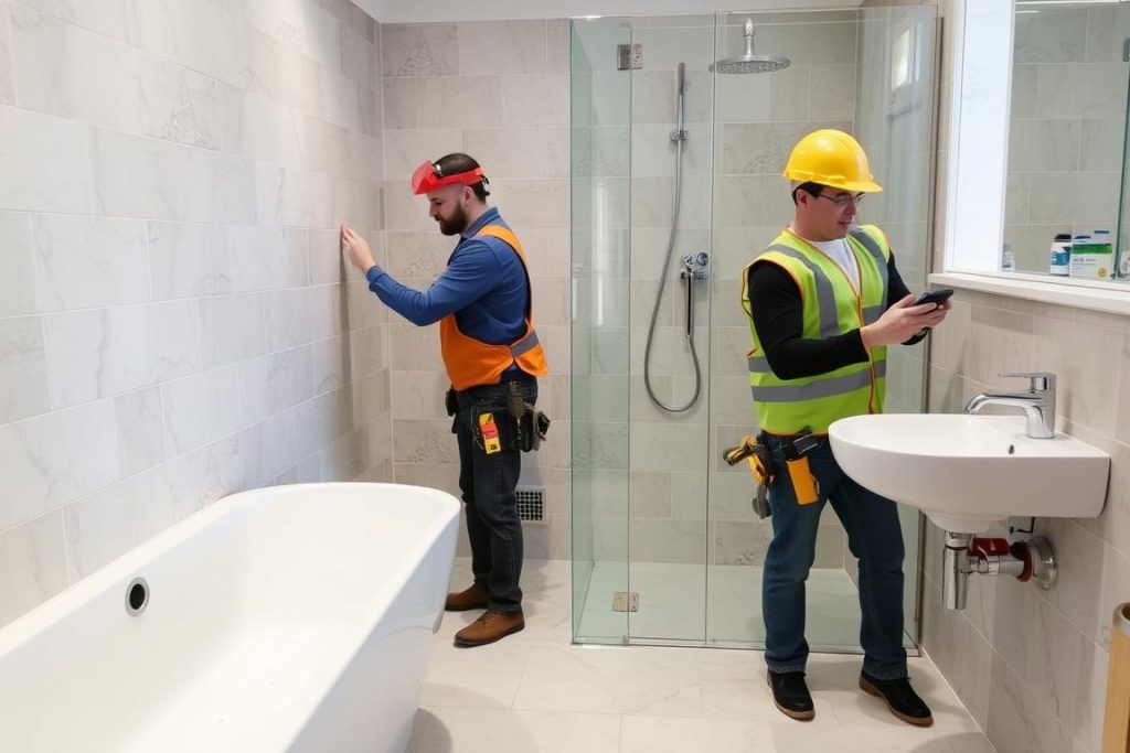 Professional bathroom remodelers working on Sydney home renovation Professional bathroom remodelers working on Sydney home renovation