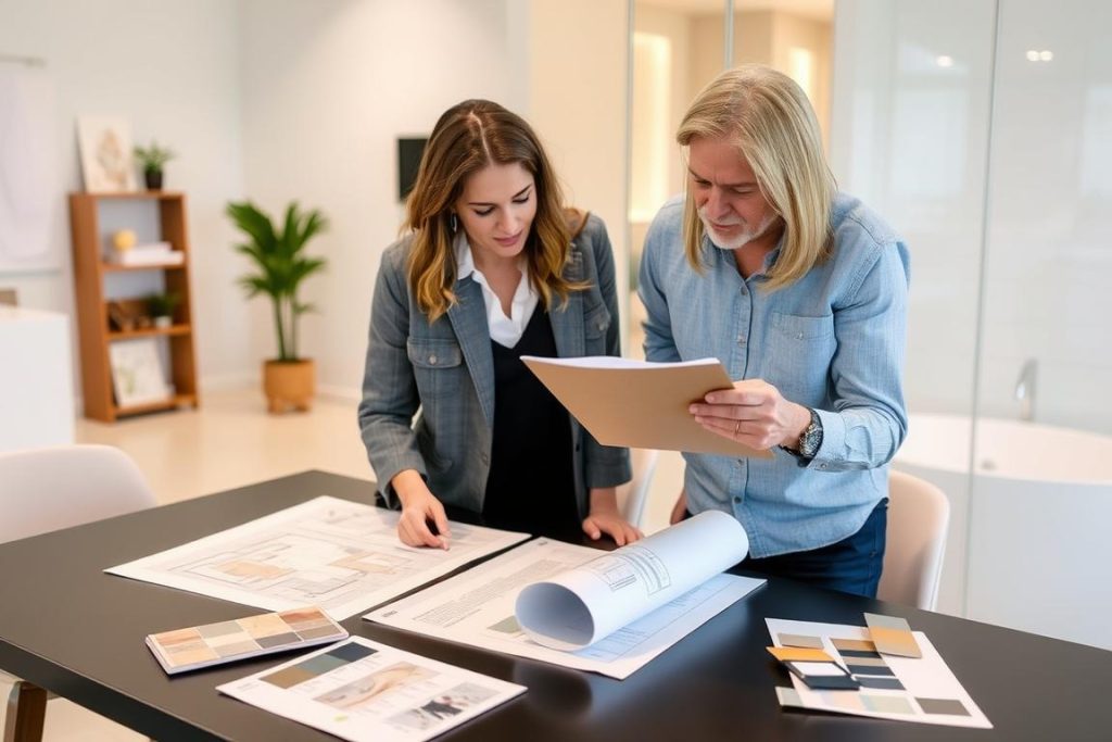 Sydney homeowner reviewing bathroom renovation plans with designer Sydney homeowner reviewing bathroom renovation plans with designer