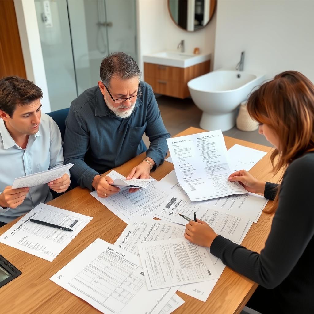 Sydney homeowner reviewing bathroom renovation quotes from contractors Sydney homeowner reviewing bathroom renovation quotes from contractors